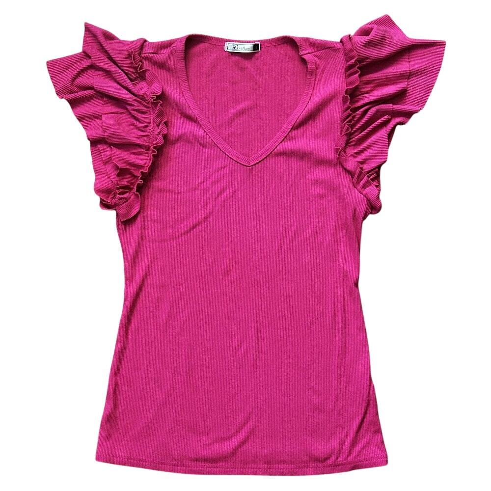 Dorose Ruffled Flutter Sleeve Deep V-Neck Pink Ribbed Top Small